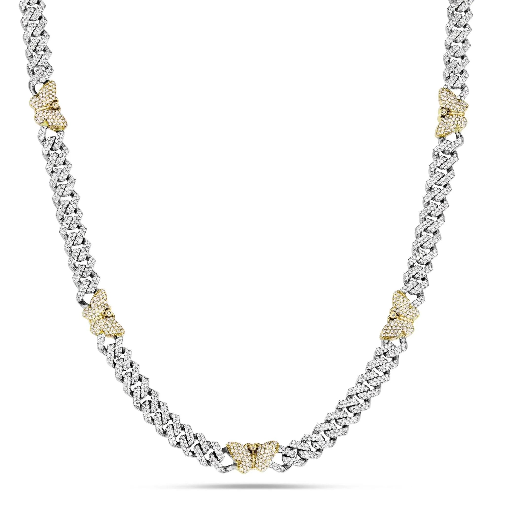 10K Gold Two Tone 4.15ct Diamond Cuban Chain with Butterfly Motifs