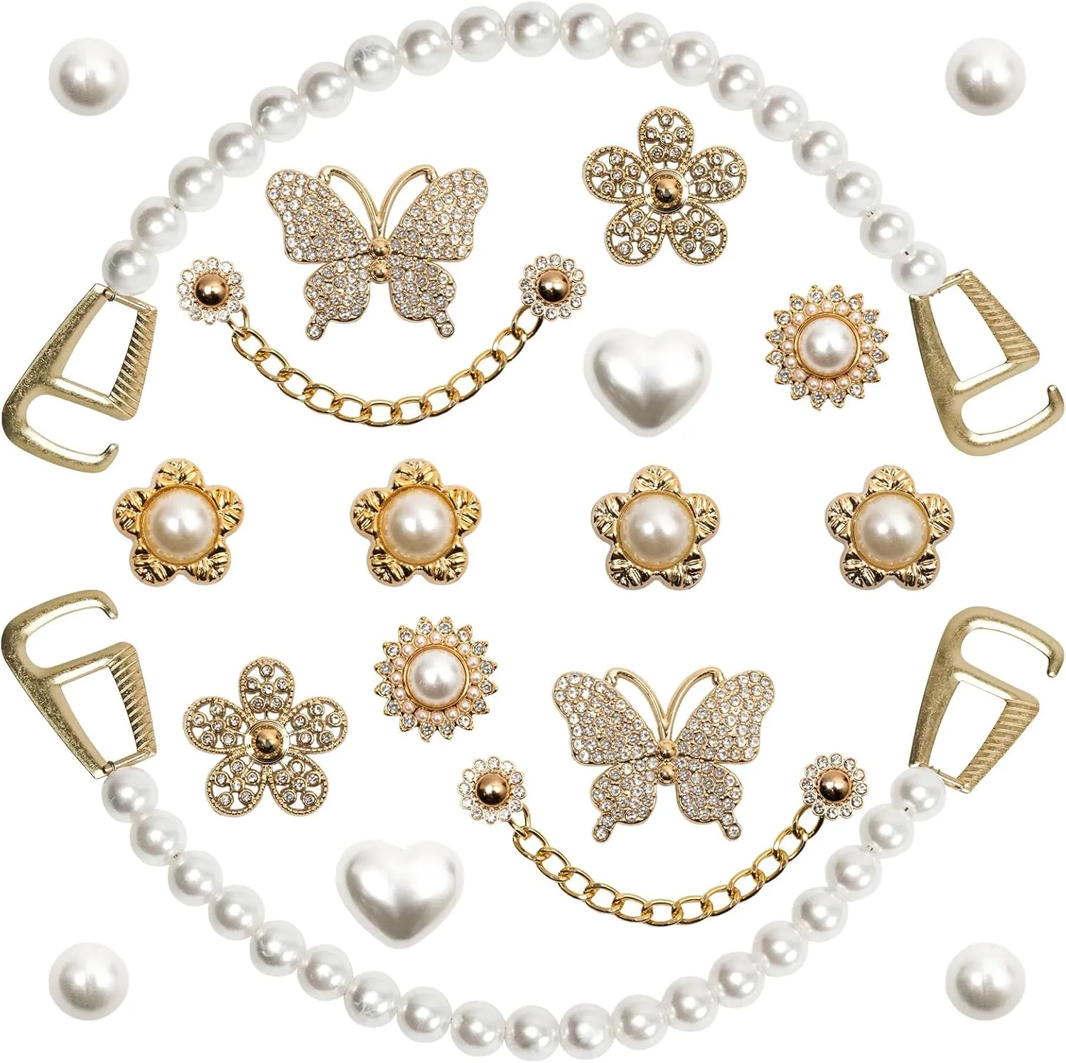 20Pcs Gold Bling Shoe Charms Women Luxury Rhinestone Pearl Bling Shoe Decoration Gold Rhinestone Butterfly Flower Pearl Chain Clogs Shoes Fashion Charms Birthday Gift