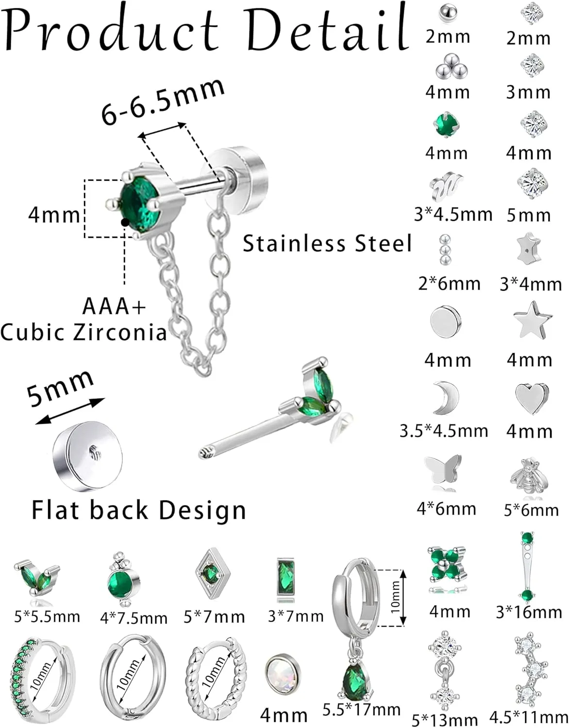 30Pcs Tiny Gold Flat Back Stud Earrings 20G Stainless Steel Cartilage Earrings Set for Multiple Piercing Butterfly Moon Heart Emerald CZ Snake Bee Screwback Small Hoop Earring for Women Men Gold Silver Tone