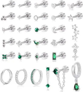 30Pcs Tiny Gold Flat Back Stud Earrings 20G Stainless Steel Cartilage Earrings Set for Multiple Piercing Butterfly Moon Heart Emerald CZ Snake Bee Screwback Small Hoop Earring for Women Men Gold Silver Tone