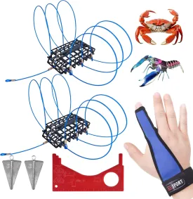 6-Loops Crab Trap for Fishing Pole, Crab Snare for Dungeness, Rock & Blue Crabs (2 Traps   Glove   1.8OZ Triangular Lead Cone) (2 Pack Crab Trap kit)