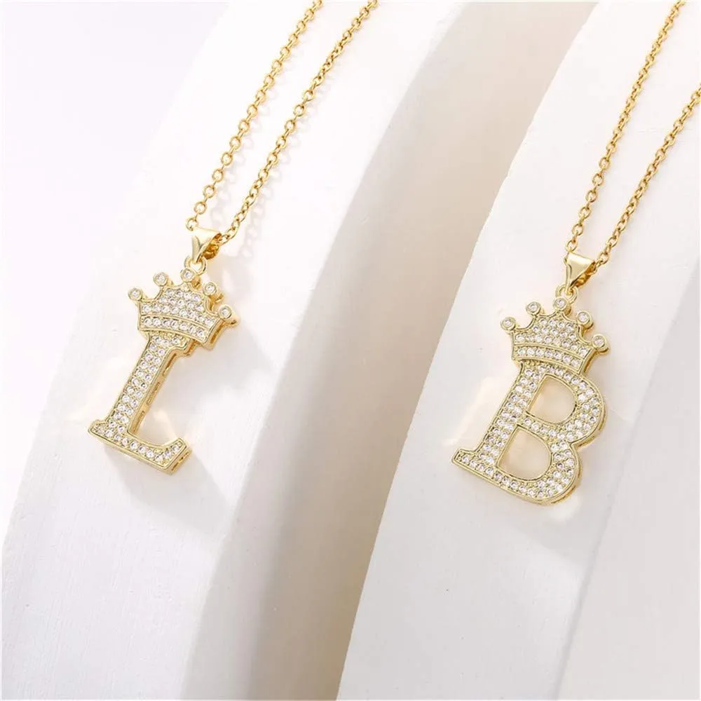 A-Z Crown Initial Necklace for Men Women 14K Gold Plated Iced Out Monogram Pendant with 18" Chain 2"(Extended) DIY Name Jewelry
