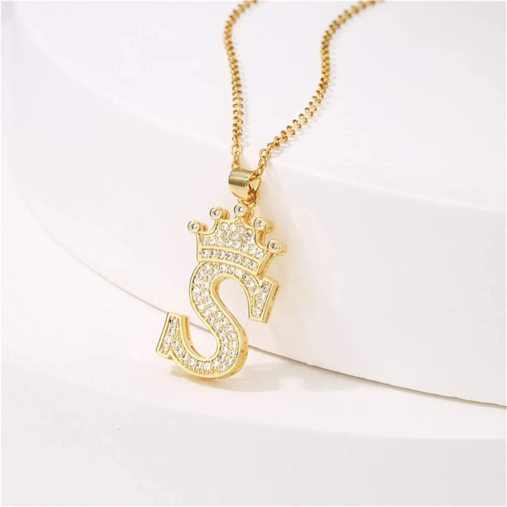 A-Z Crown Initial Necklace for Men Women 14K Gold Plated Iced Out Monogram Pendant with 18" Chain 2"(Extended) DIY Name Jewelry