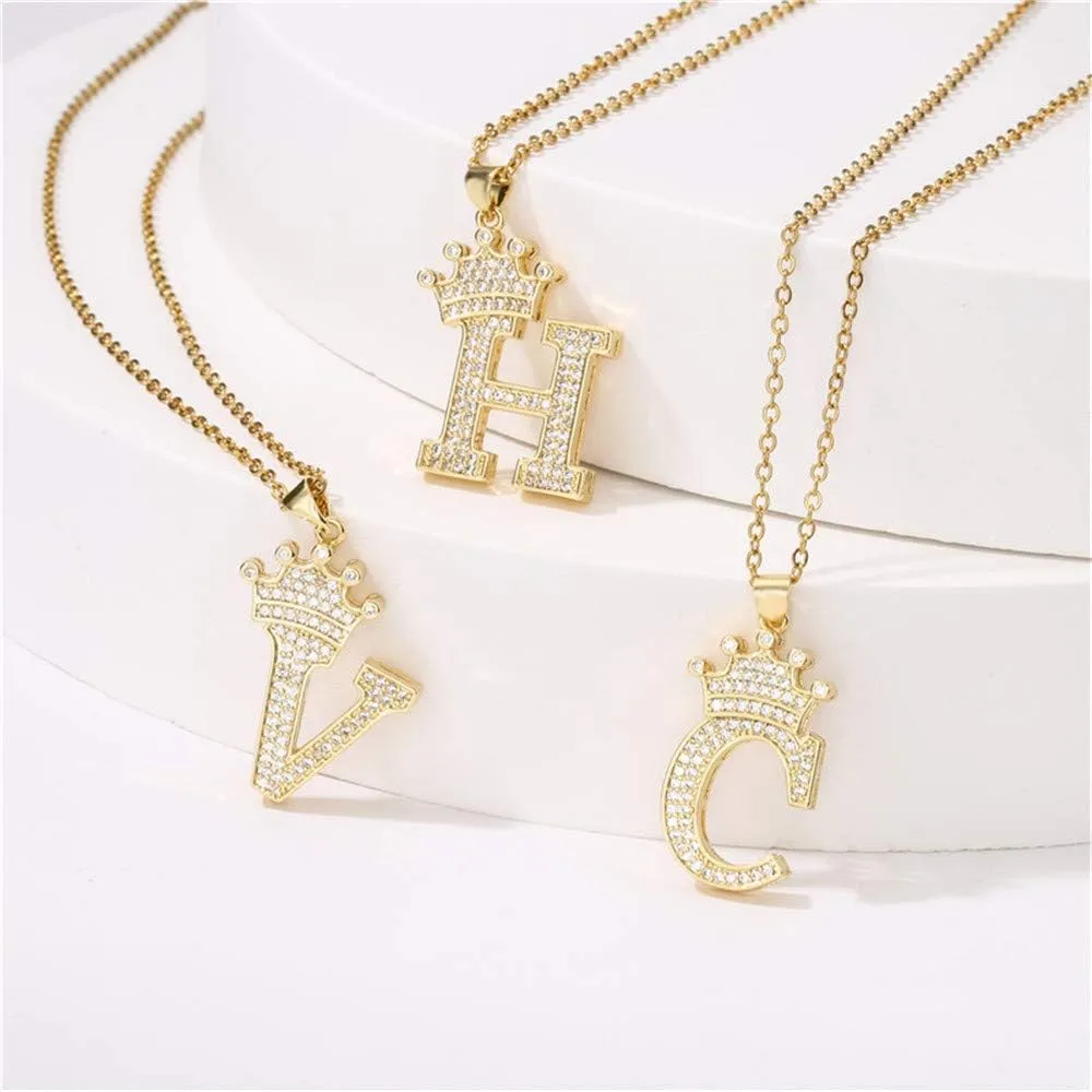 A-Z Crown Initial Necklace for Men Women 14K Gold Plated Iced Out Monogram Pendant with 18" Chain 2"(Extended) DIY Name Jewelry