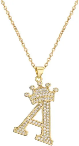 A-Z Crown Initial Necklace for Men Women 14K Gold Plated Iced Out Monogram Pendant with 18" Chain 2"(Extended) DIY Name Jewelry