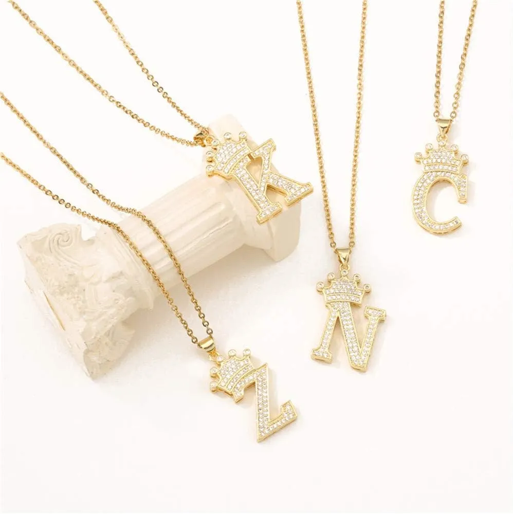 A-Z Crown Initial Necklace for Men Women 14K Gold Plated Iced Out Monogram Pendant with 18" Chain 2"(Extended) DIY Name Jewelry