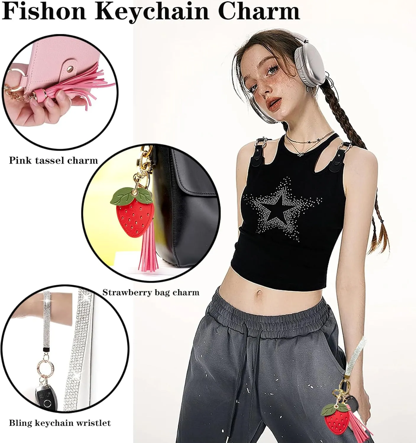 Airtag Keychain Cute Anime Leather Keychain with Bling Keychain Wristlet and Tassel Bag Charm