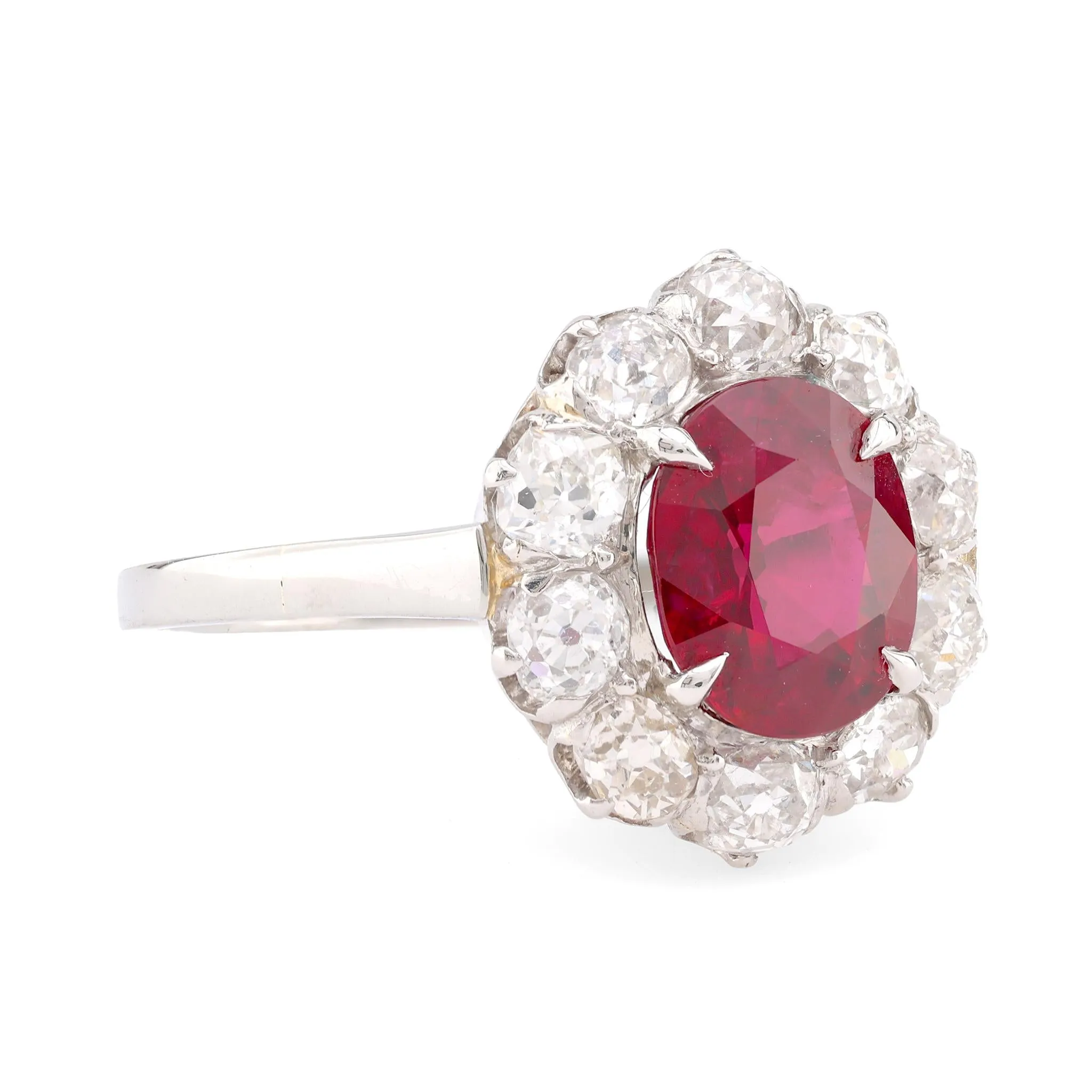 Art Deco GIA 2.58 Carat Ruby Diamond 18K White Gold Cluster Ring