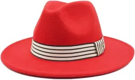 Autumn and Winter Woolen Jazz Top Hat Women's Stripe Retro Flat Brim Straight Brim Hat Men's and Women's Felt Hat Fengyan Cowboy Hats (Color : Orange red, Size : Medium(56-58cm))