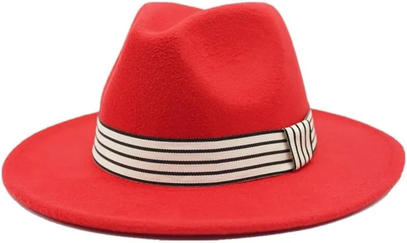Autumn and Winter Woolen Jazz Top Hat Women's Stripe Retro Flat Brim Straight Brim Hat Men's and Women's Felt Hat Fengyan Cowboy Hats (Color : Orange red, Size : Medium(56-58cm))
