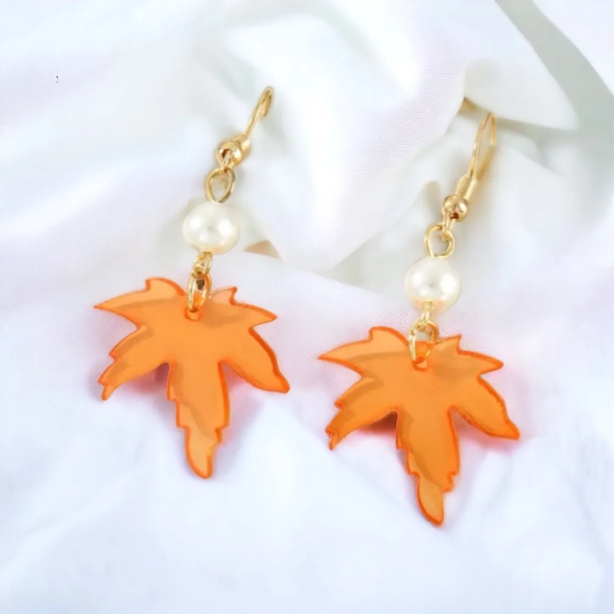 Autumn Maple Leaf Earrings - Fall, Handmade Jewelry, Gold Leaf, Halloween, Orange, Faux Pearls, Handmade Earrings, Appreciation Gift