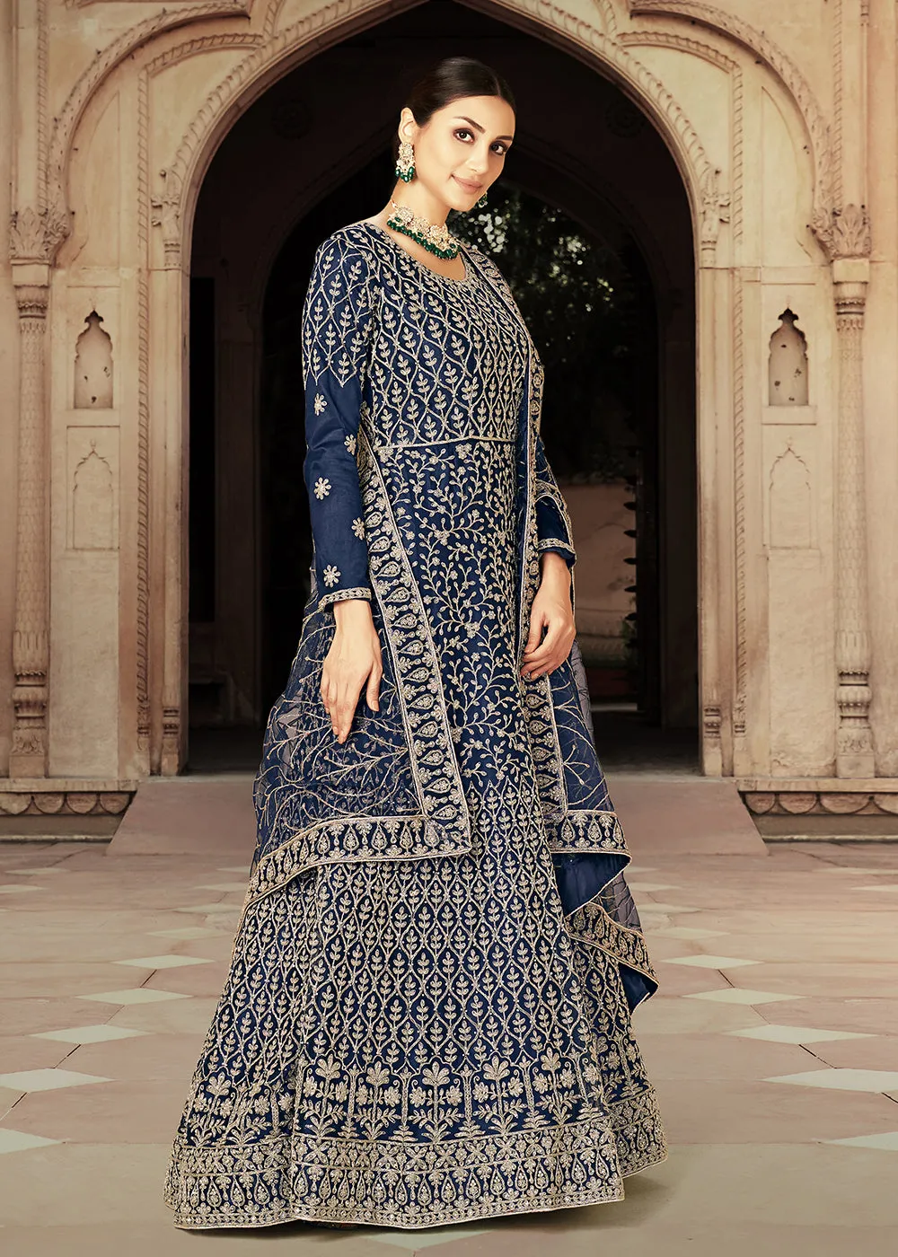 Blue Zarkan Diamond Embroidered Bridal Anarkali Suit