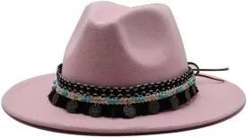 British Style New Jazz Top Hat with Tassels Belt Simple Fashion Big Brim Hat Women's Woolen Felt Hat Big Brim Jazz Hat Fengyan Cowboy Hats (Color : Rose Red, Size : Medium(56-58cm))