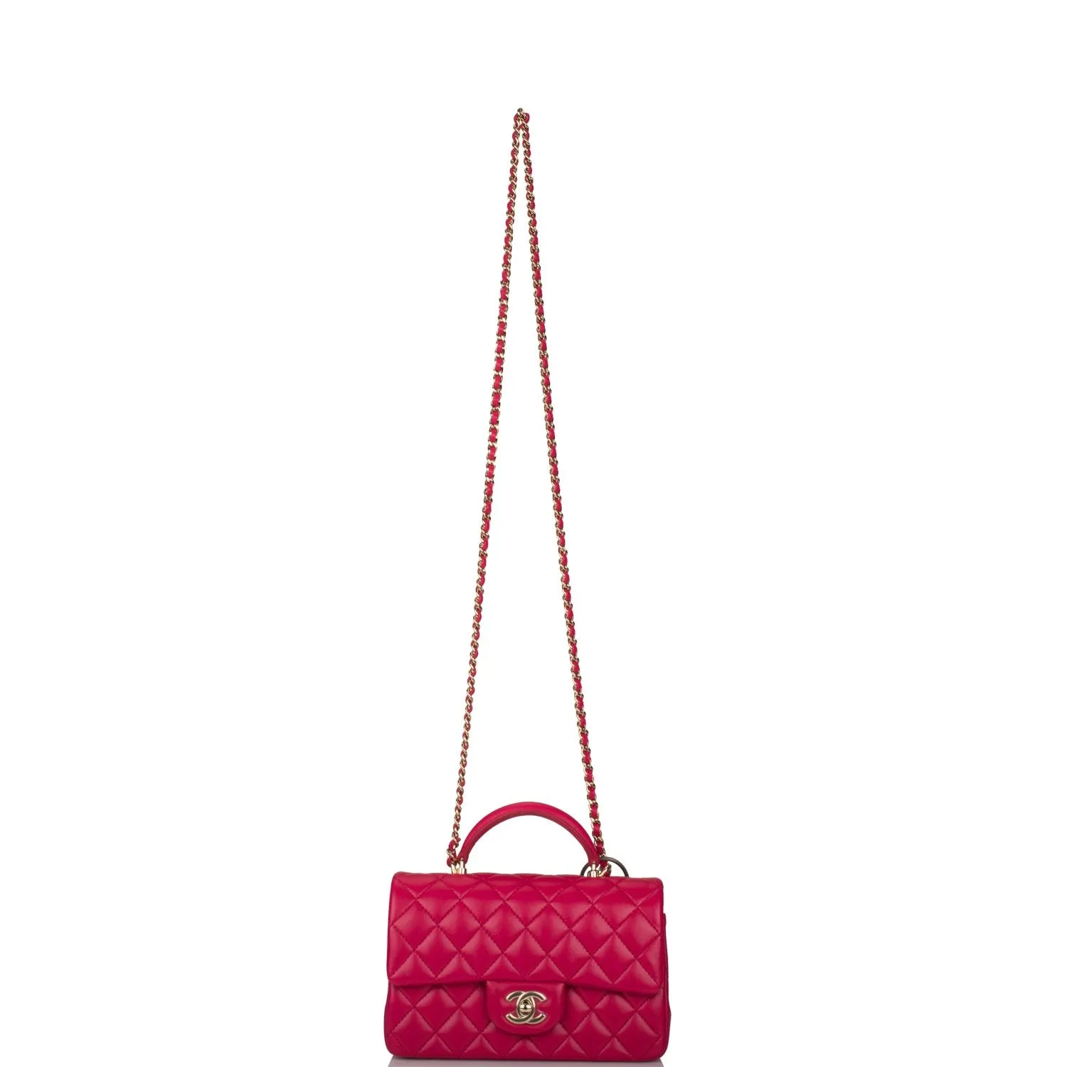 Chanel Mini Rectangular Flap with Top Handle Dark Pink Lambskin Light Gold Hardware
