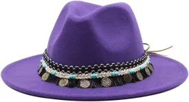 DHAEY British Style New Jazz Top Hat with Tassels Belt Simple Fashion Big Brim Hat Women's Woolen Felt Hat Big Brim Jazz Hat Luopan Caps & Hats (Color : Purple, Size : Large(59-61cm))