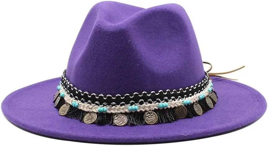 DHAEY British Style New Jazz Top Hat with Tassels Belt Simple Fashion Big Brim Hat Women's Woolen Felt Hat Big Brim Jazz Hat Luopan Caps & Hats (Color : Purple, Size : Large(59-61cm))