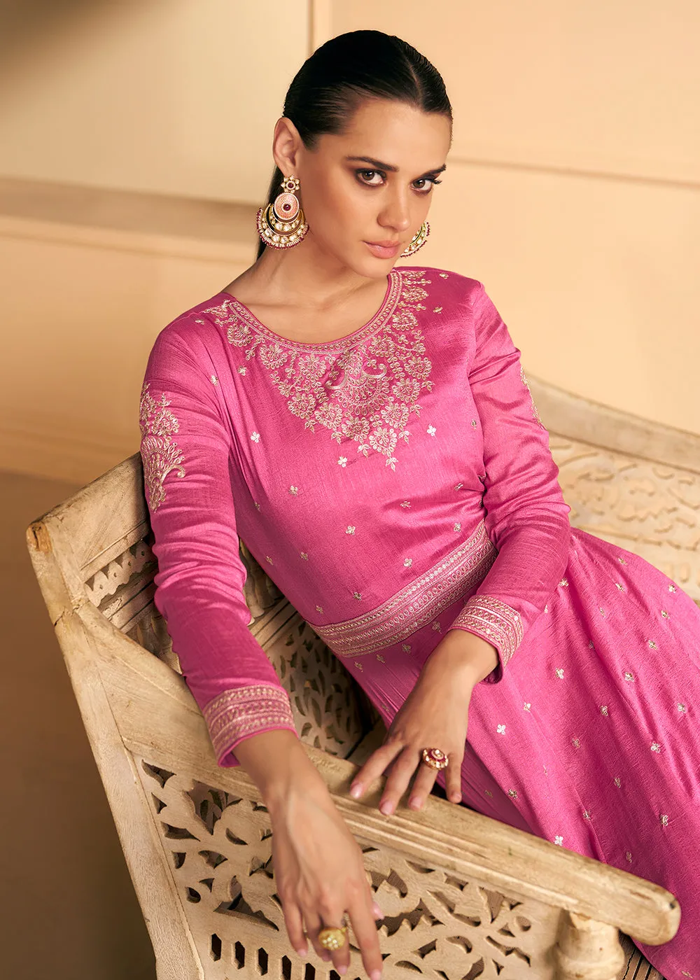 Embroidered Pink Premium Silk Sangeet Wear Anarkali Suit
