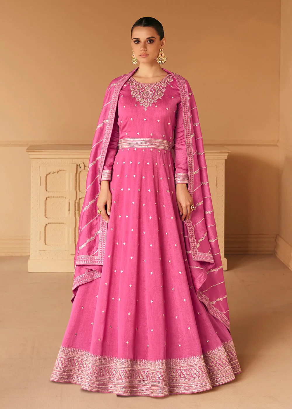 Embroidered Pink Premium Silk Sangeet Wear Anarkali Suit