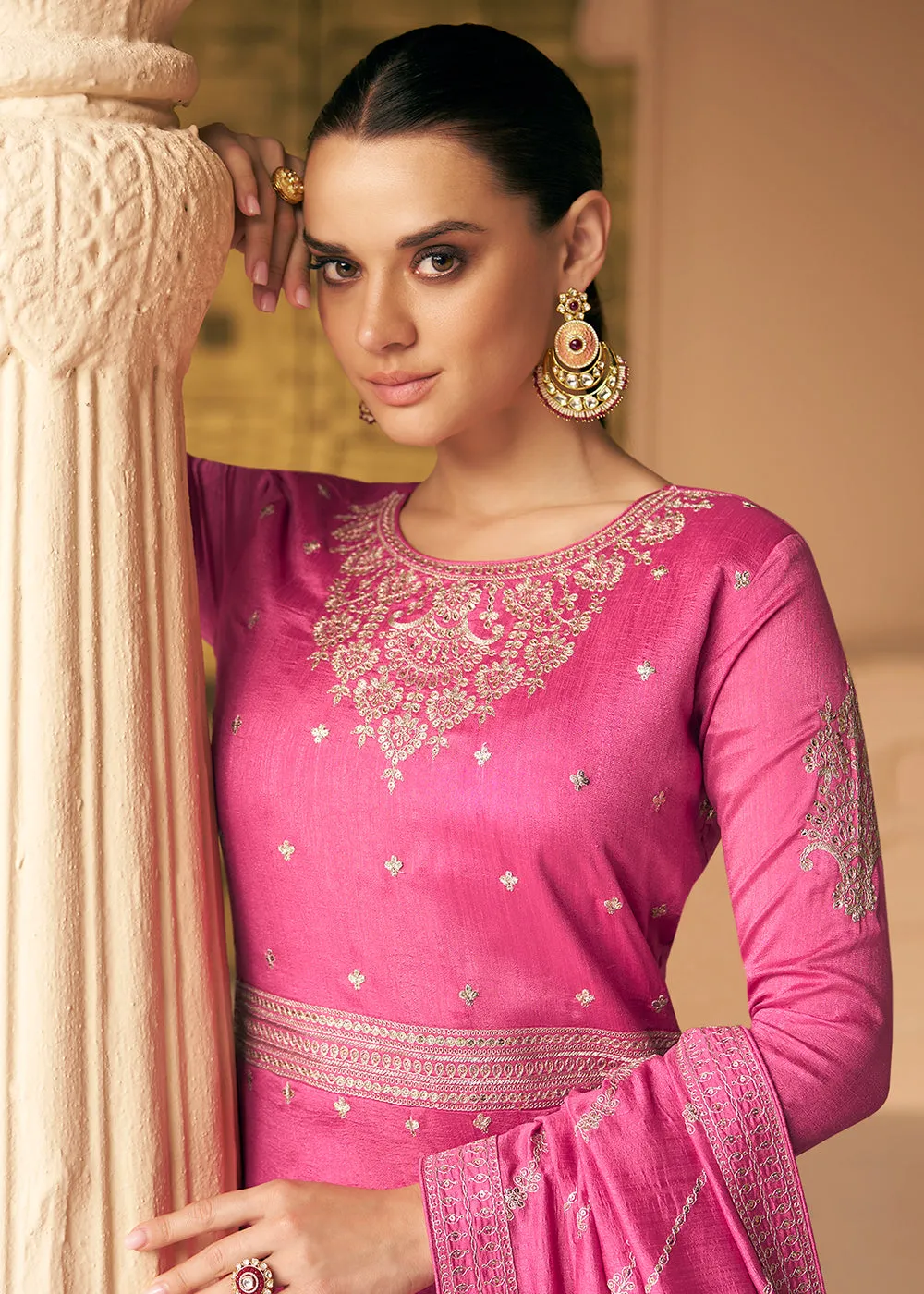 Embroidered Pink Premium Silk Sangeet Wear Anarkali Suit
