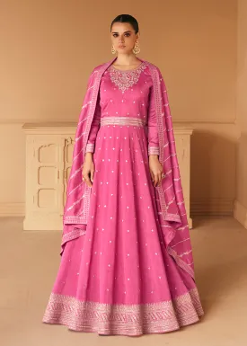 Embroidered Pink Premium Silk Sangeet Wear Anarkali Suit