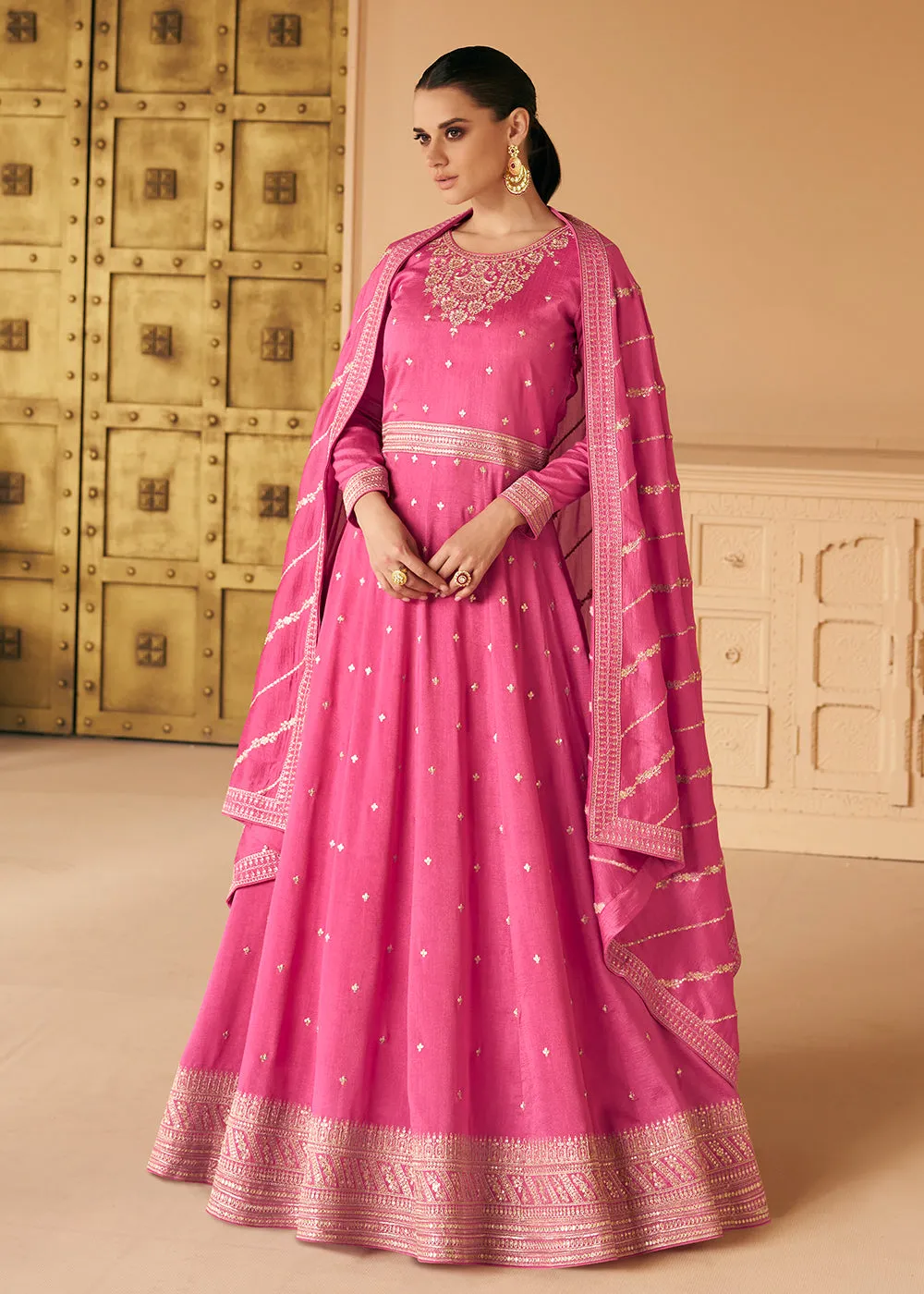 Embroidered Pink Premium Silk Sangeet Wear Anarkali Suit