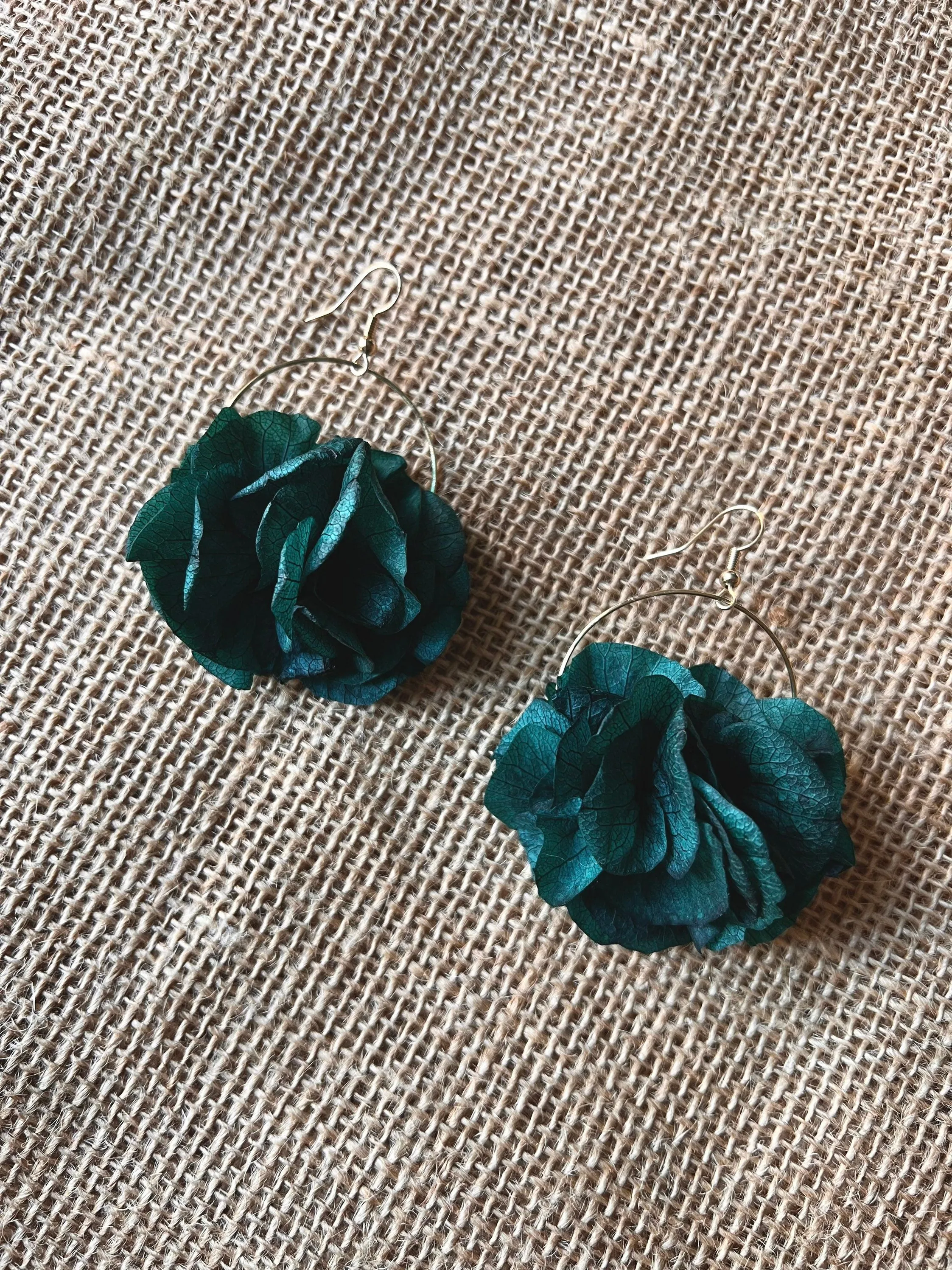 Emerald Green Gold Earrings Bridesmaids Gift, Bespoke Wedding Accessories, Real Flower Fine Jewellery UK, Flower Hoop Earrings Teal