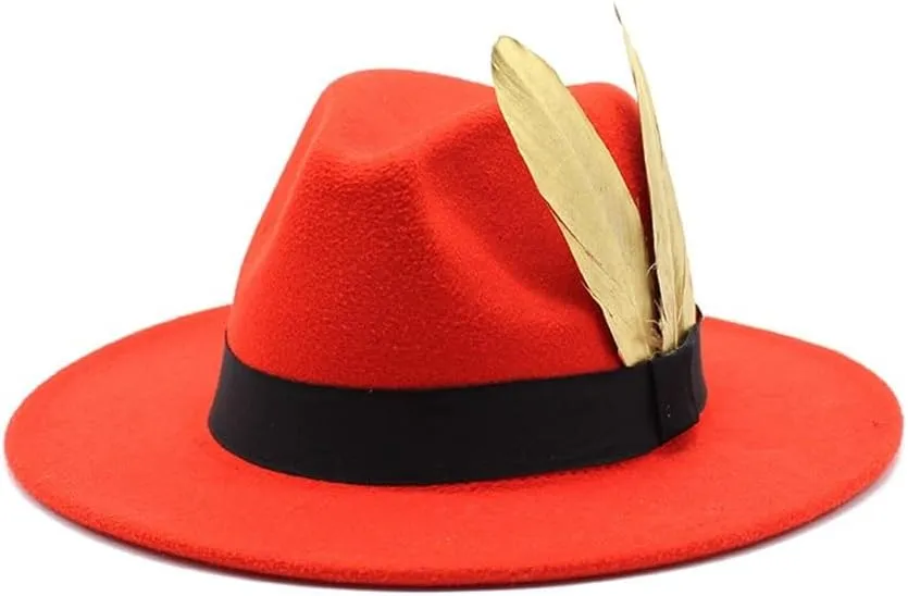 European and American Style Wide Brim Top Hat Autumn and Winter Straight Brim Jazz Top Hat Woolen Felt Hat Fengyan Cowboy Hats (Color : Orange red, Size : 56-58cm)