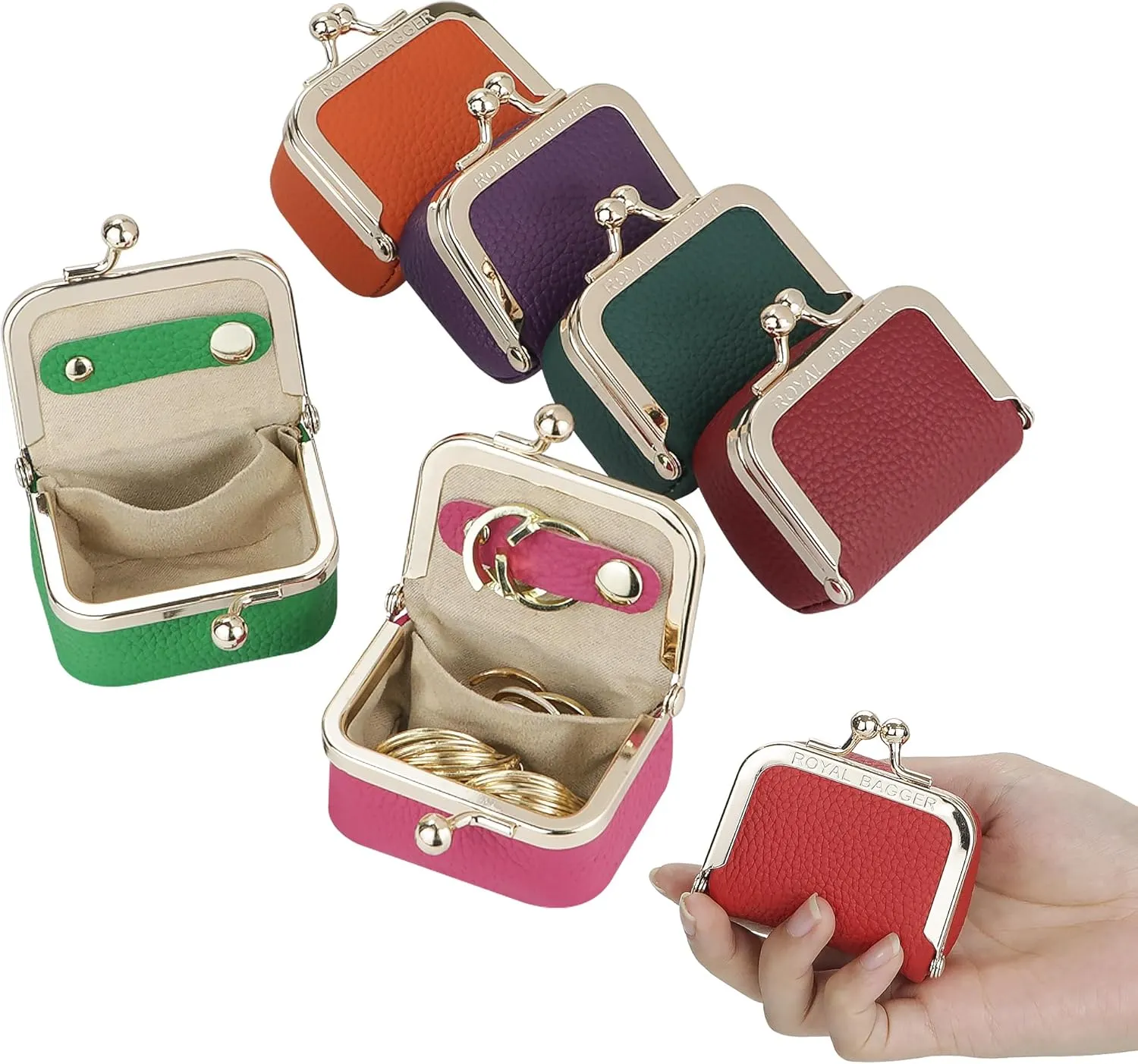 Genuine Leather Mini Jewelry Women's Coin Purse Solid Color Kiss Lock Change Pouch Casual Style Small Storage Bag for Women 1894 (Bright Red)