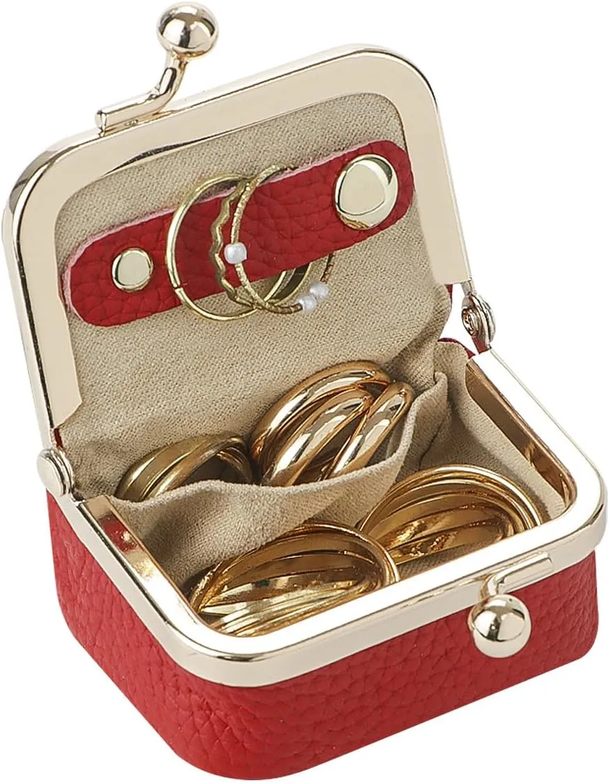 Genuine Leather Mini Jewelry Women's Coin Purse Solid Color Kiss Lock Change Pouch Casual Style Small Storage Bag for Women 1894 (Bright Red)