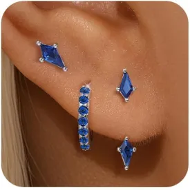 GEORGE  SMITH Stackable Kite Stud Earrings Set for Women, Gold & Silver Huggie Birthstone Jewelry with Emerald Green & Blue Sapphire, Trendy Earrings for Women 2025
