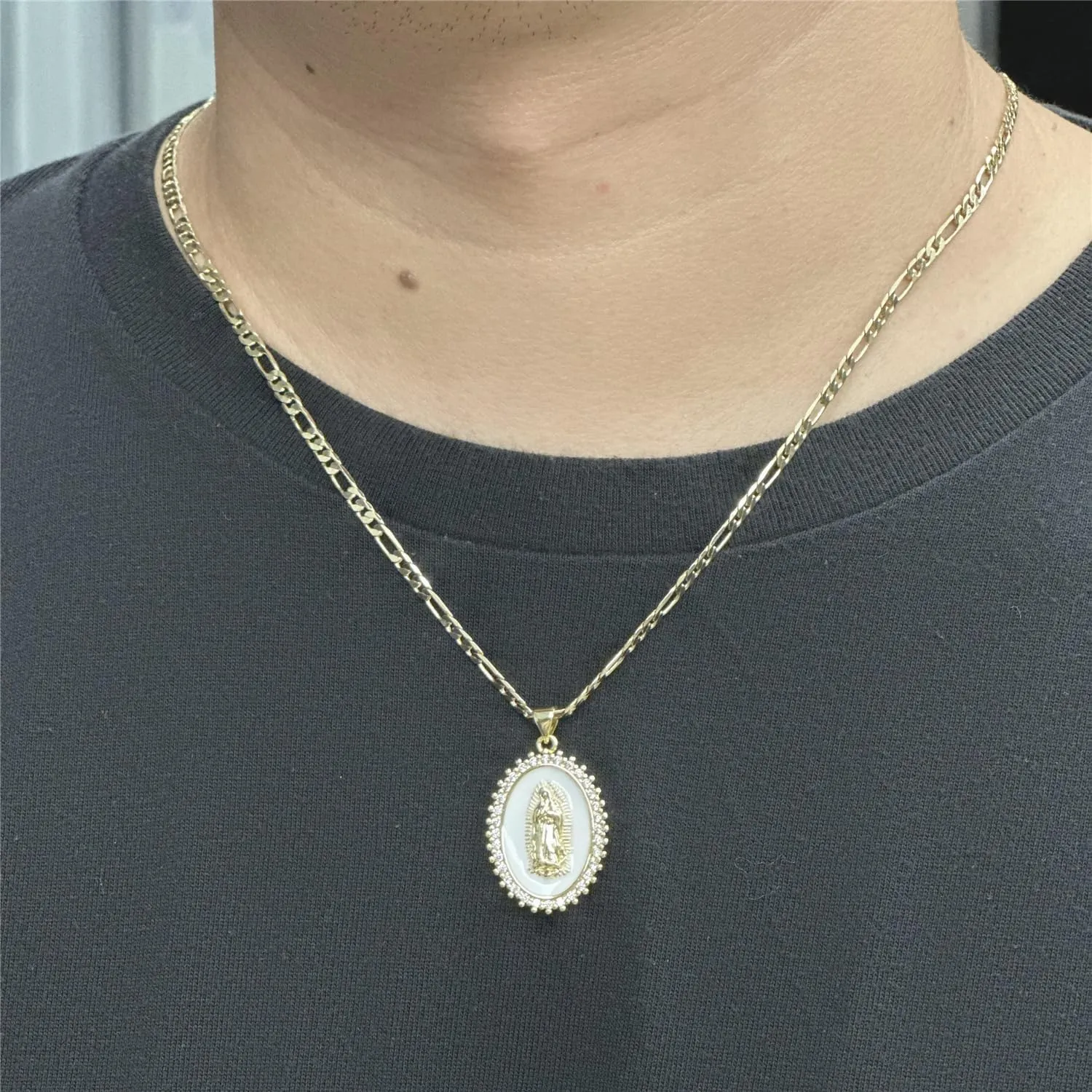 Gold Guadalupe Virgin Mary Necklace for Women Men Teens, 14K Gold Plated Oval Zircon Inlay Oil Drip Virgin Mary Pendant with Stainless Steel Figaro Chain Necklace