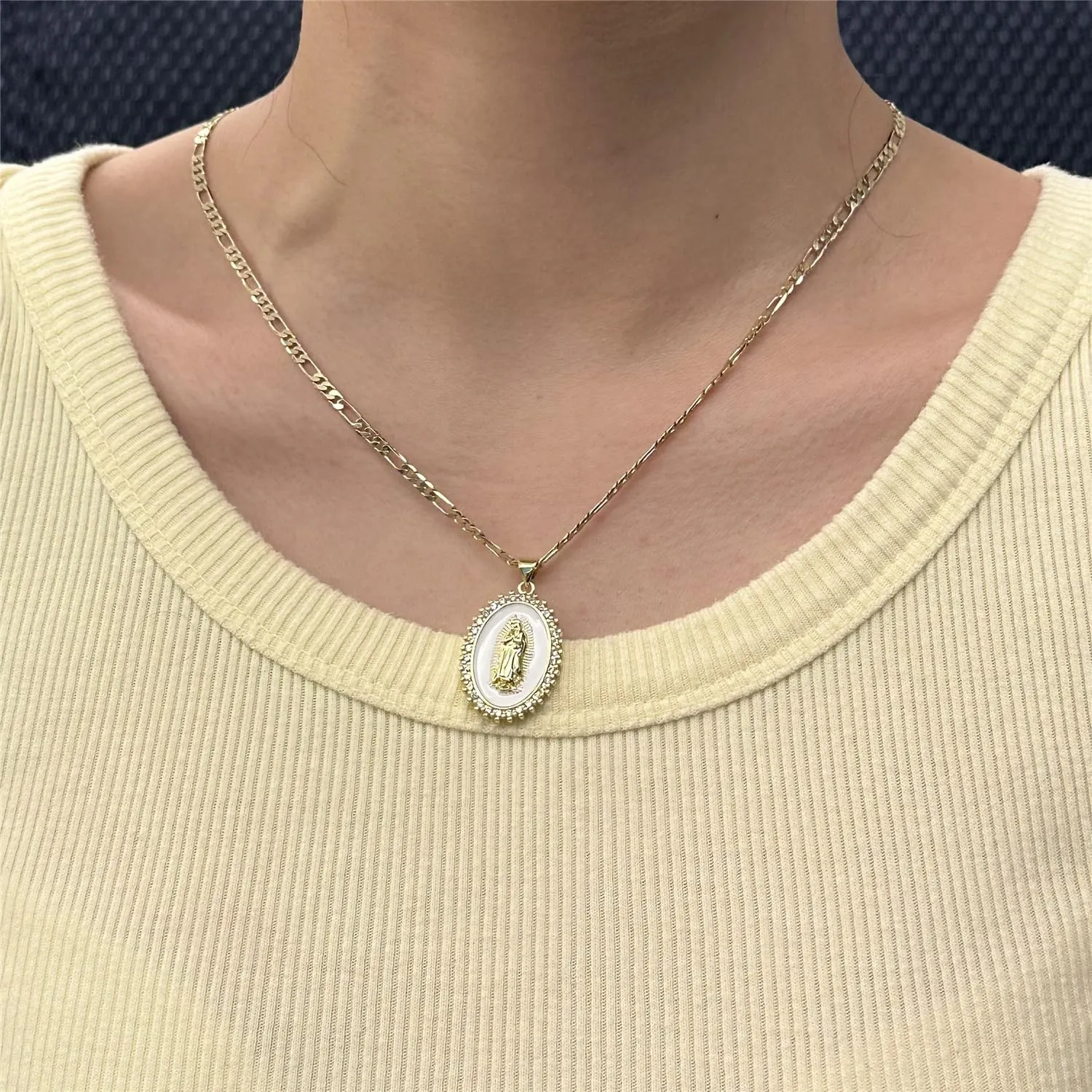 Gold Guadalupe Virgin Mary Necklace for Women Men Teens, 14K Gold Plated Oval Zircon Inlay Oil Drip Virgin Mary Pendant with Stainless Steel Figaro Chain Necklace