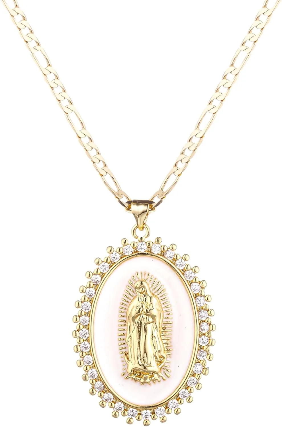 Gold Guadalupe Virgin Mary Necklace for Women Men Teens, 14K Gold Plated Oval Zircon Inlay Oil Drip Virgin Mary Pendant with Stainless Steel Figaro Chain Necklace