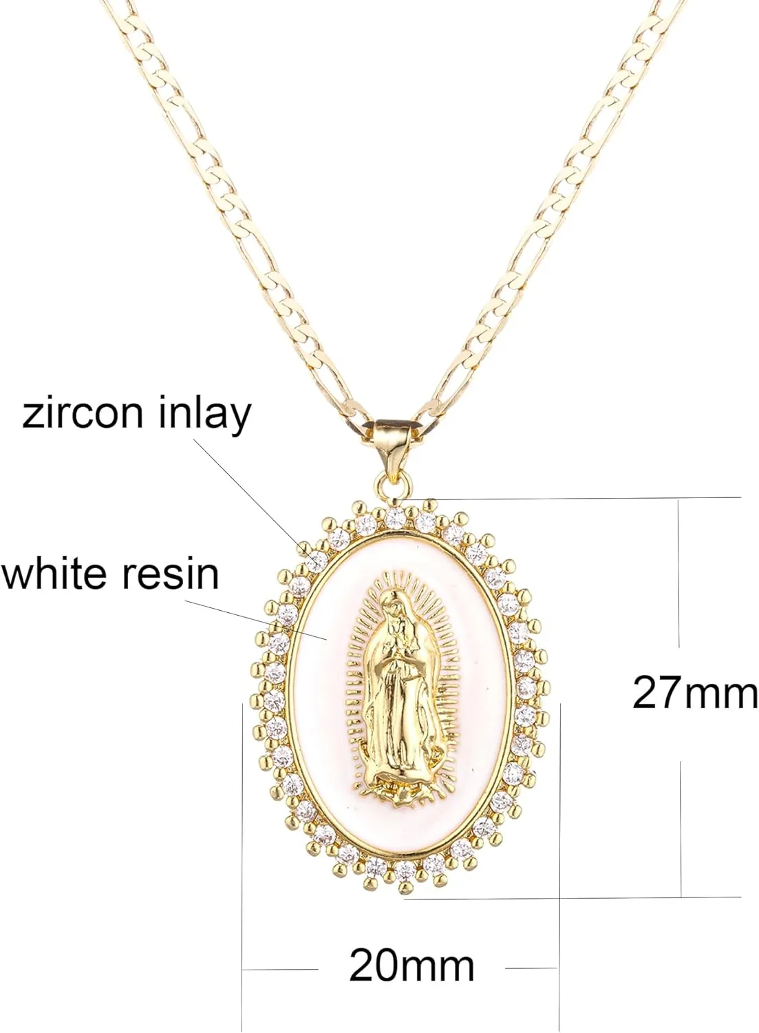 Gold Guadalupe Virgin Mary Necklace for Women Men Teens, 14K Gold Plated Oval Zircon Inlay Oil Drip Virgin Mary Pendant with Stainless Steel Figaro Chain Necklace