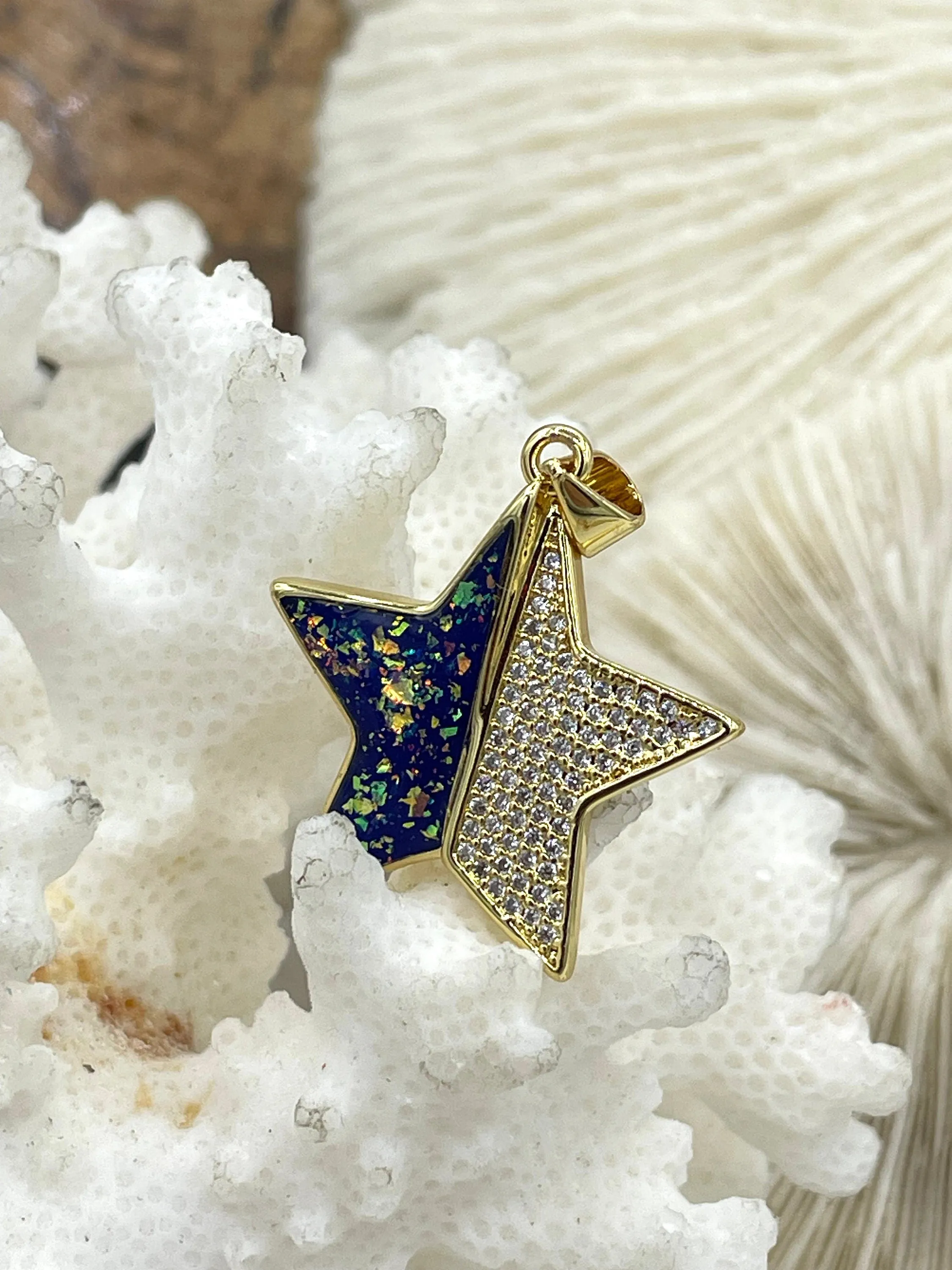 Gold Star Charms with Glitter Enamel and CZ, 4 Colors, Black, Purple, Blue, and Turquoise, Brass Charms, Cubic Zirconia, Glitter, Fast Ship