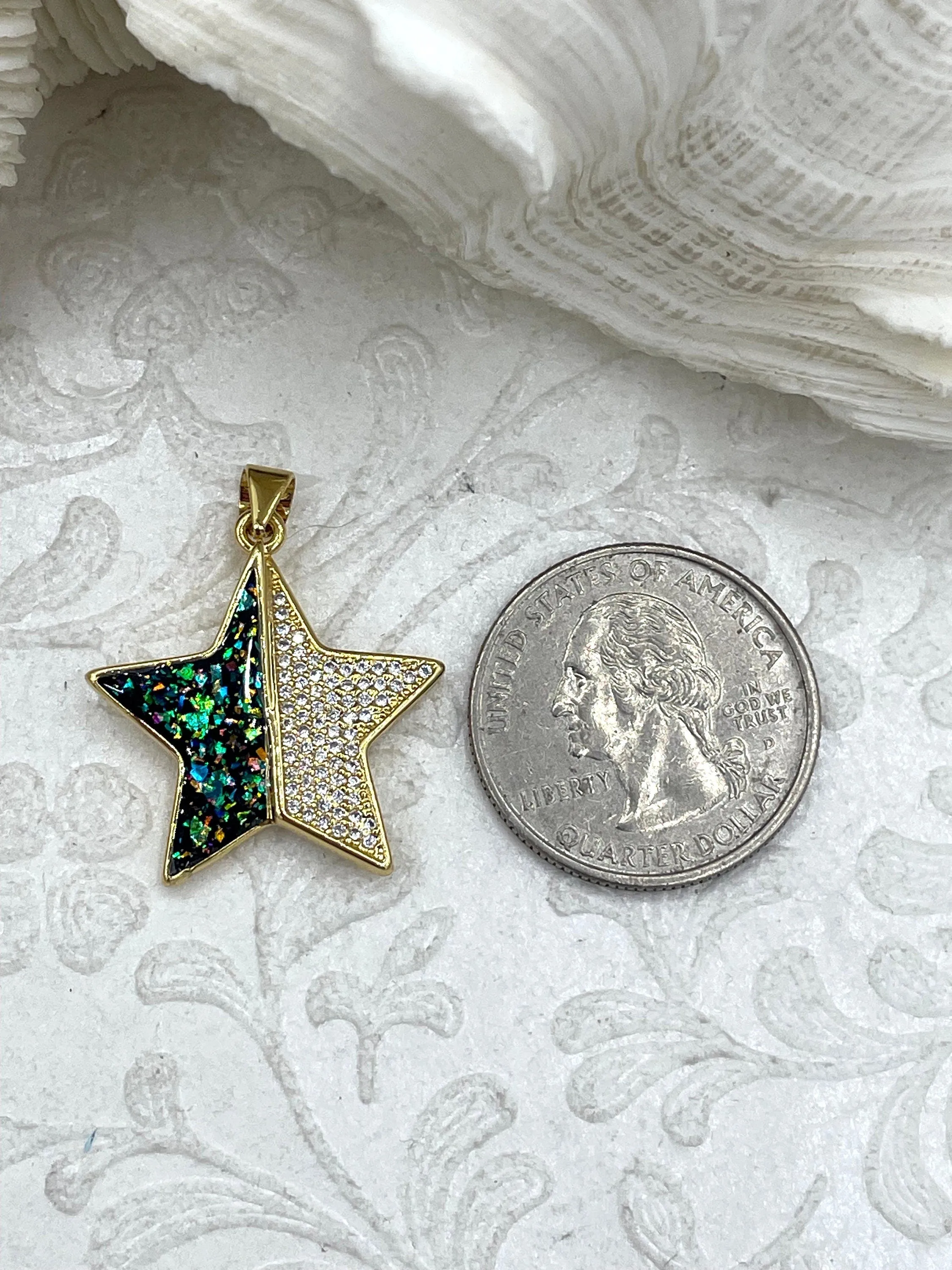 Gold Star Charms with Glitter Enamel and CZ, 4 Colors, Black, Purple, Blue, and Turquoise, Brass Charms, Cubic Zirconia, Glitter, Fast Ship