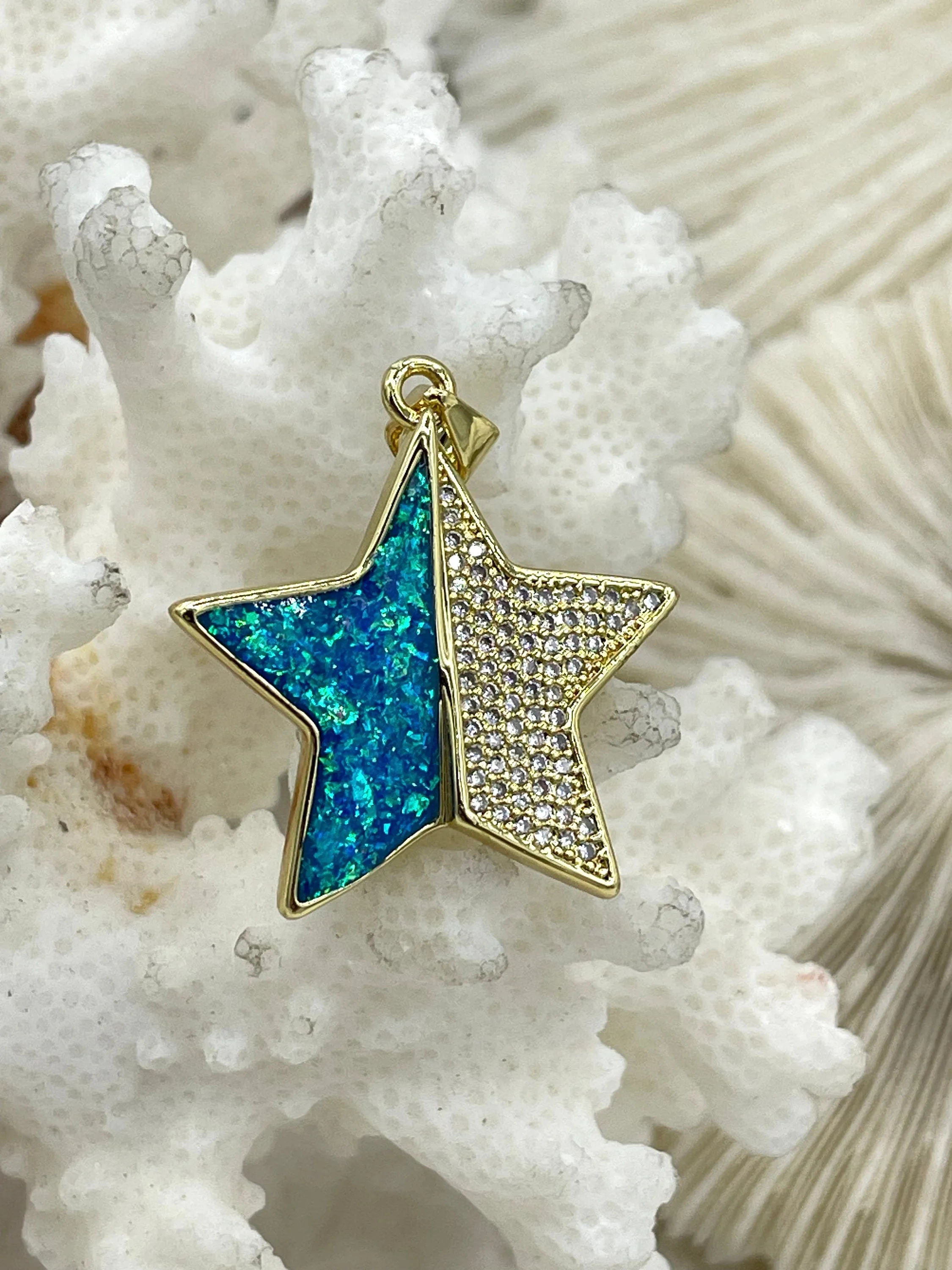 Gold Star Charms with Glitter Enamel and CZ, 4 Colors, Black, Purple, Blue, and Turquoise, Brass Charms, Cubic Zirconia, Glitter, Fast Ship