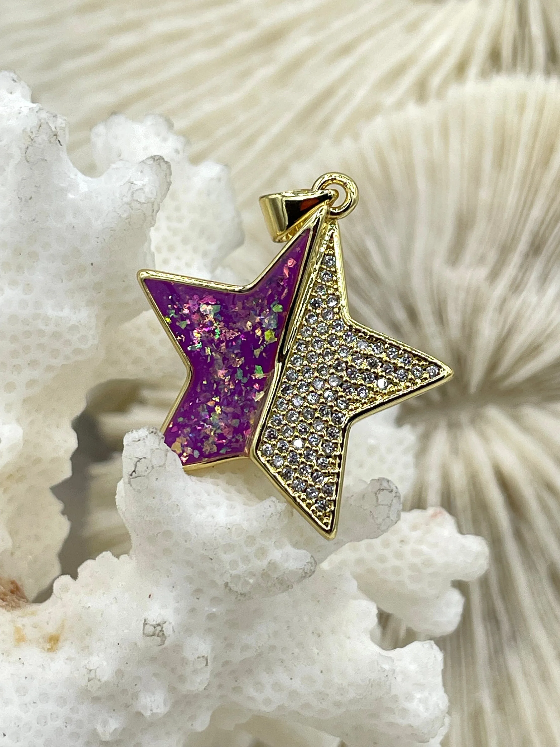 Gold Star Charms with Glitter Enamel and CZ, 4 Colors, Black, Purple, Blue, and Turquoise, Brass Charms, Cubic Zirconia, Glitter, Fast Ship