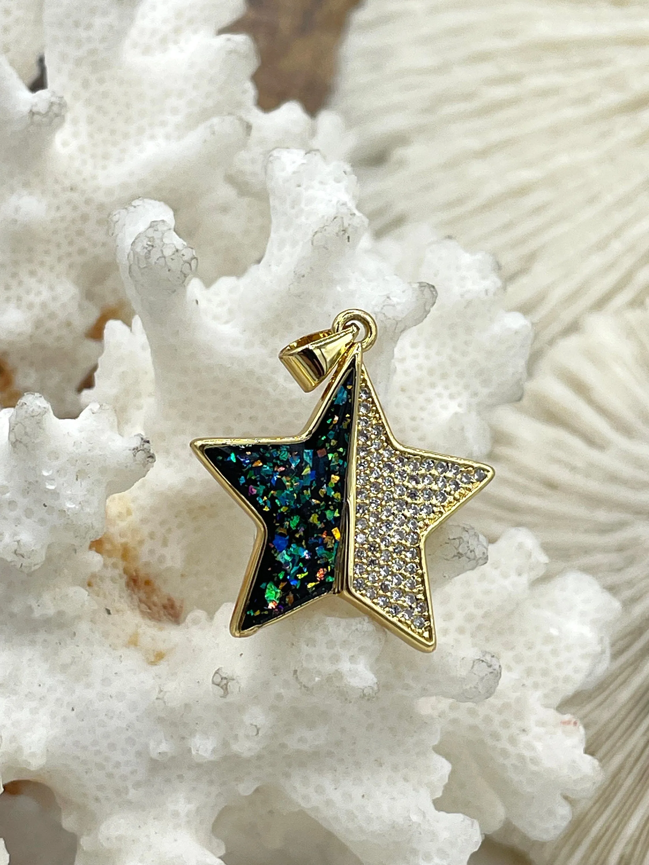 Gold Star Charms with Glitter Enamel and CZ, 4 Colors, Black, Purple, Blue, and Turquoise, Brass Charms, Cubic Zirconia, Glitter, Fast Ship