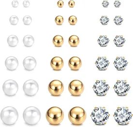 JewelrieShop Earrings Studs Set for Women Stainless Steel CZ Ball Faux Pearl Hoop Hypoallergenic Silver Multiple Ear Stud Earing for Men