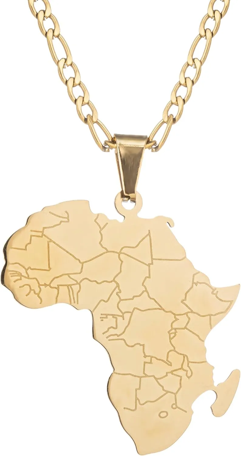 kelistom 14K Gold Plated Africa Map Pendant Necklace for Women Men 3MM Flat Figaro Chain Necklace Hiphop Stainless Steel African Map Pendant
