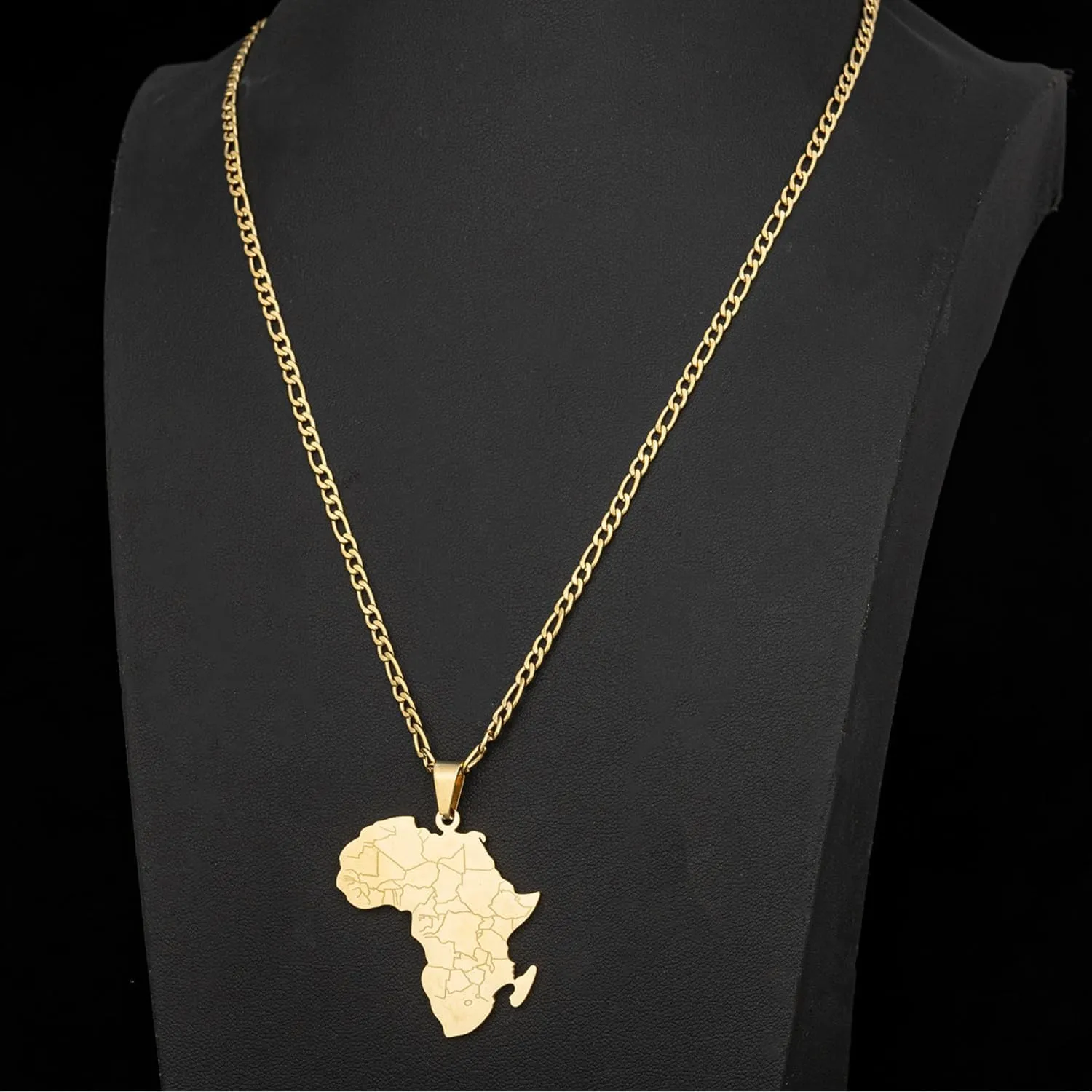 kelistom 14K Gold Plated Africa Map Pendant Necklace for Women Men 3MM Flat Figaro Chain Necklace Hiphop Stainless Steel African Map Pendant