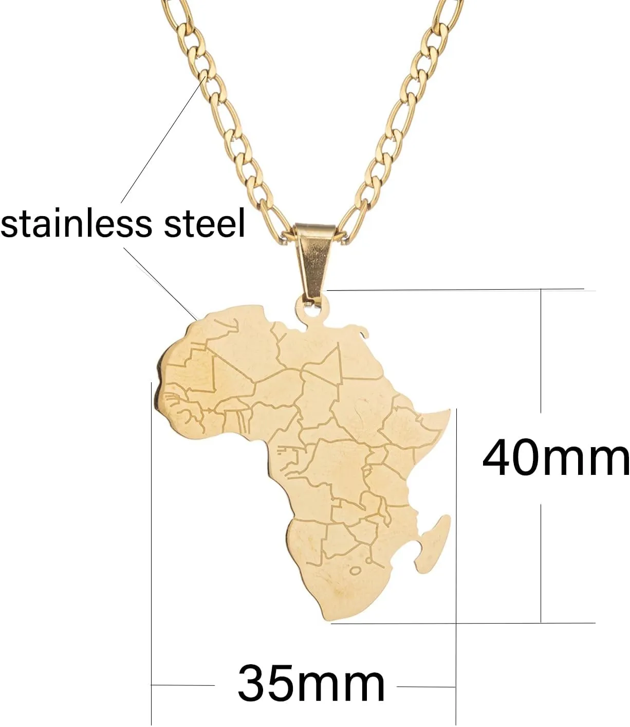 kelistom 14K Gold Plated Africa Map Pendant Necklace for Women Men 3MM Flat Figaro Chain Necklace Hiphop Stainless Steel African Map Pendant