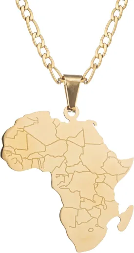 kelistom 14K Gold Plated Africa Map Pendant Necklace for Women Men 3MM Flat Figaro Chain Necklace Hiphop Stainless Steel African Map Pendant