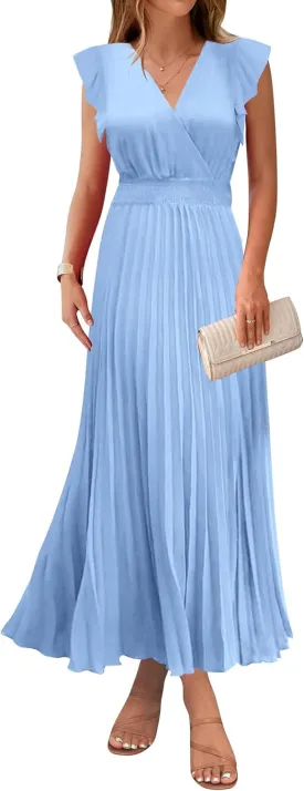 KIRUNDO Women's Summer Maxi Dresses Elegant V Neck Ruffle Flutter Sleeves Empire Waist Pleated Flowy Wedding Guest Dress