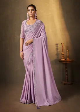Lavender Crepe Georgette Silk Embroidered Designer Saree