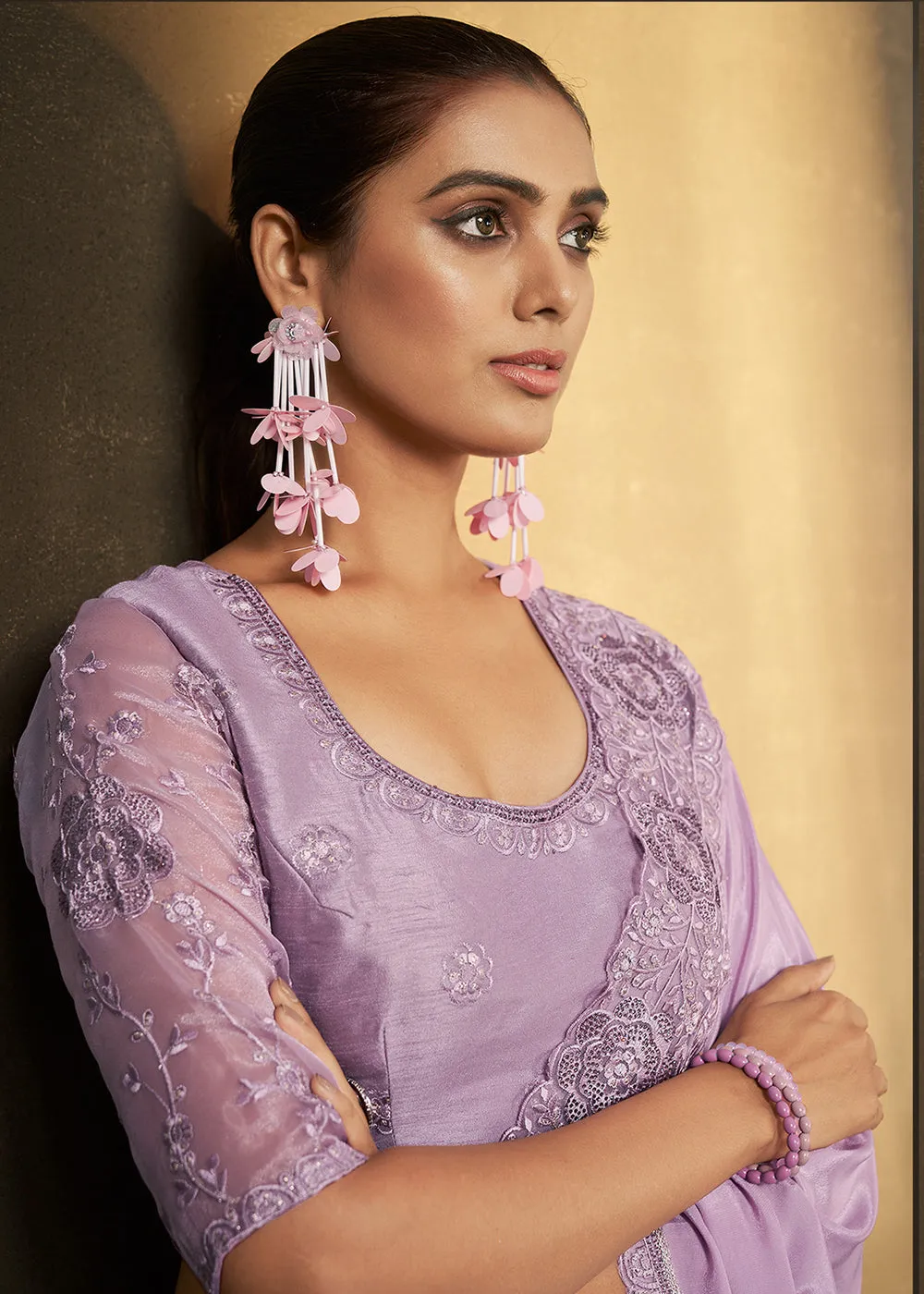 Lavender Crepe Georgette Silk Embroidered Designer Saree