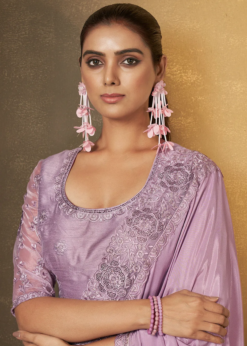 Lavender Crepe Georgette Silk Embroidered Designer Saree