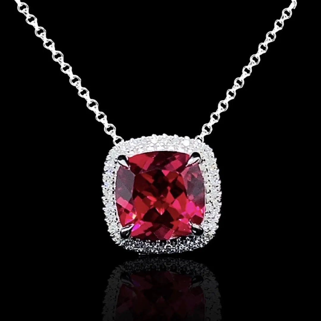#LoveLVNA | Cushion Halo Red Ruby Gemstones Diamond Necklace 16-18” 18kt