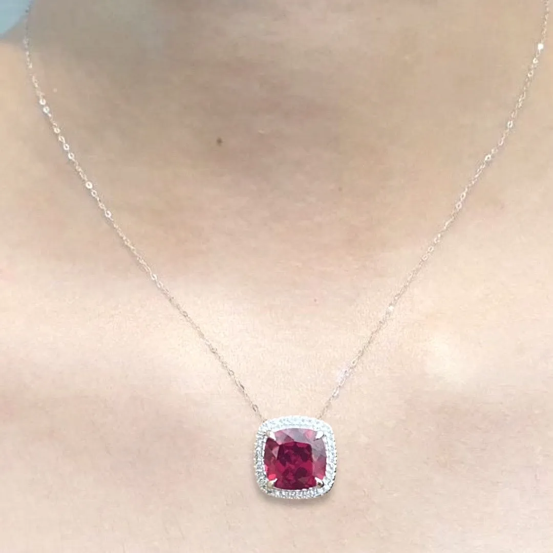 #LoveLVNA | Cushion Halo Red Ruby Gemstones Diamond Necklace 16-18” 18kt